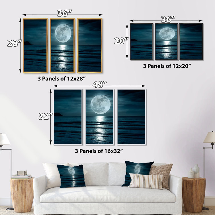 DesignArt Super Moon Over The Sea I Framed On Canvas 3 Pieces Print